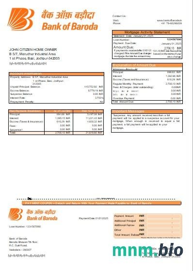 Baroda Bank of Baroda wyciąg z kredytu hipotecznego szablon Word i PDF